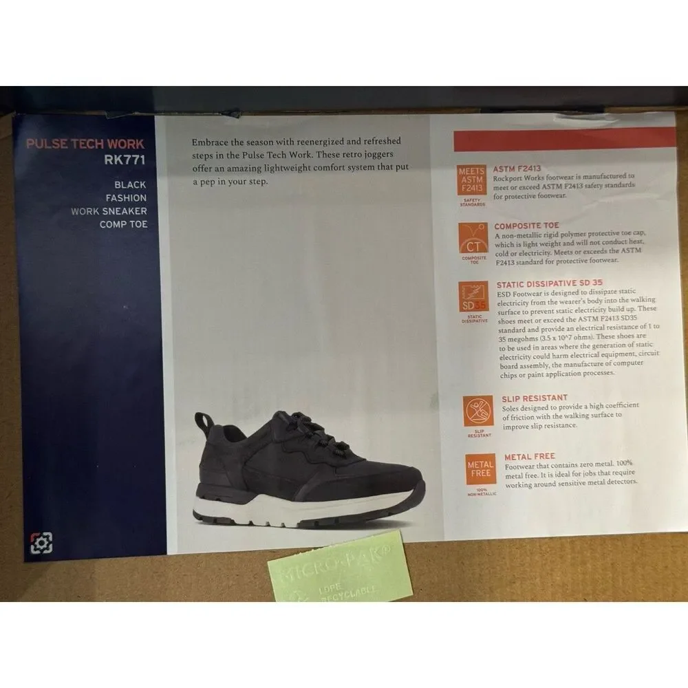 Rockport Pulse Tech Work Womens 7.5 M Black‎ Composite Toe Safety Sneakers RK771